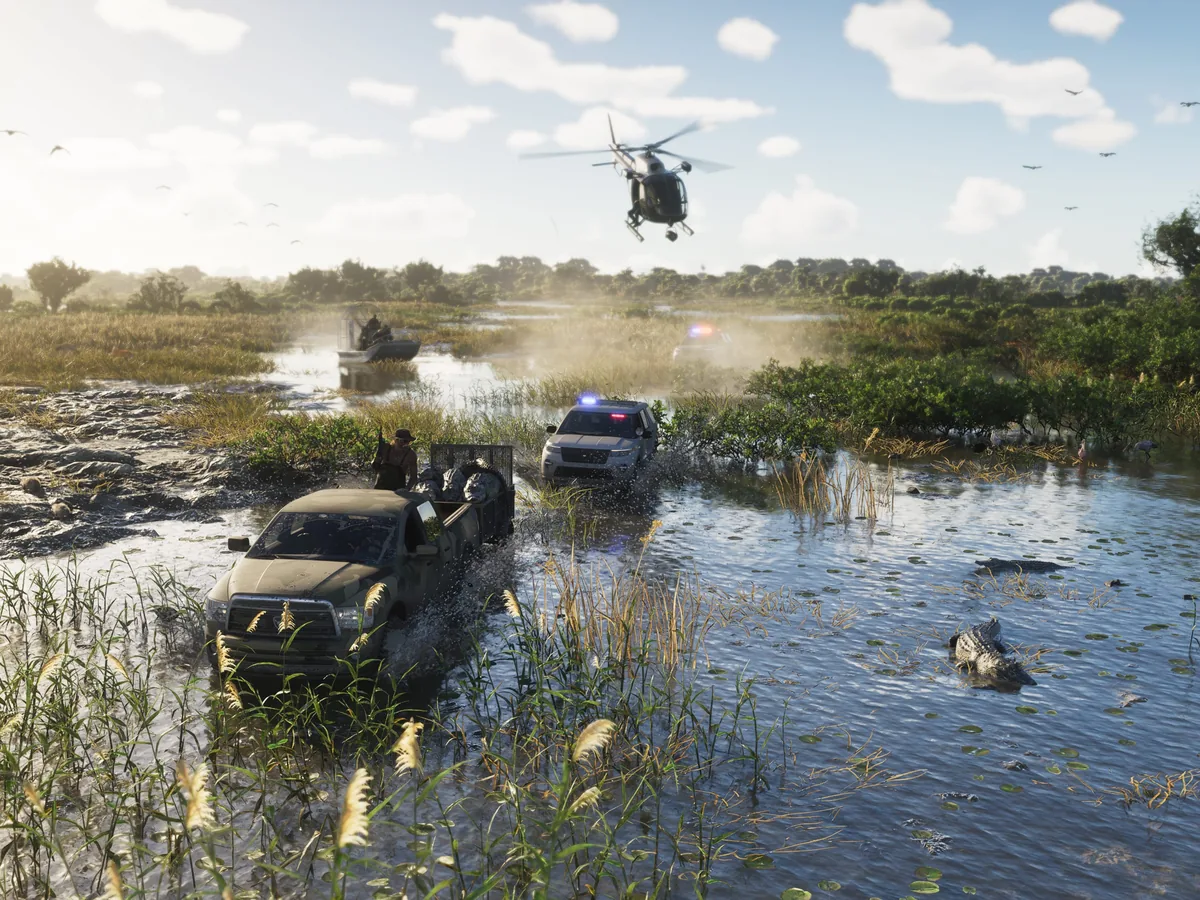 Grassrivers, Everglades-style wetlands. Airboats cut through mangroves past sunbathing alligators — and deadlier predators.